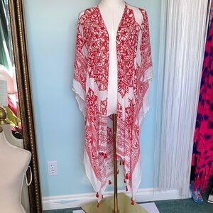 White and Red Printed Kimono Cover Up with Tassels